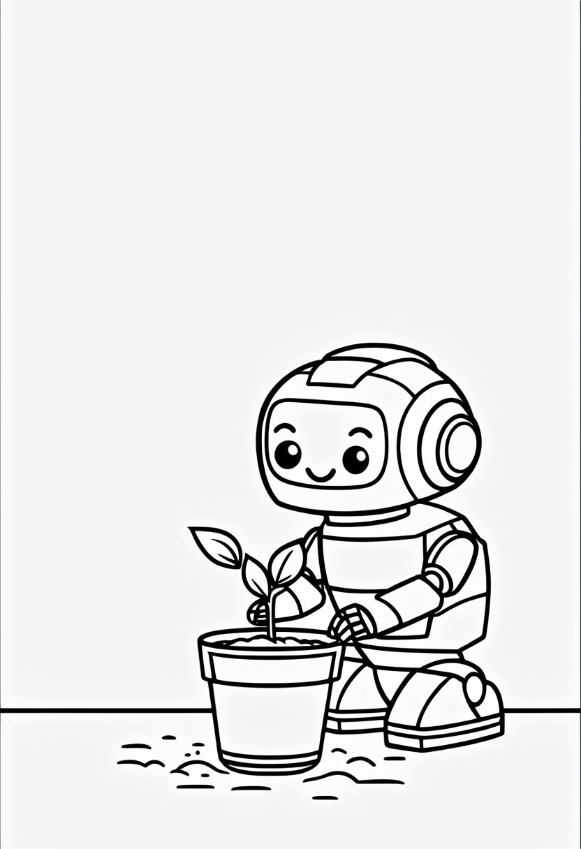Cute Robot Planting a Seedling Line Art Coloring Page