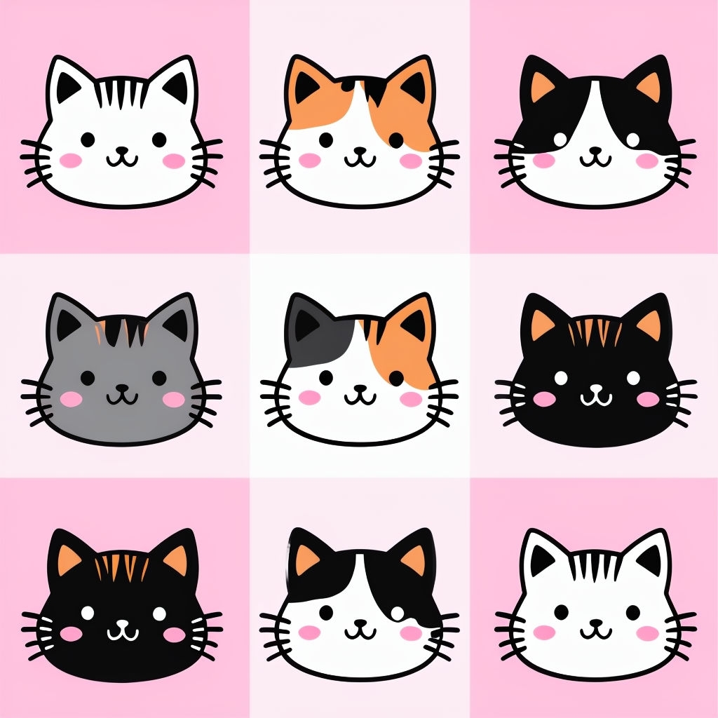 Cute Cartoon Cat Faces Seamless Pattern with Kawaii Aesthetic