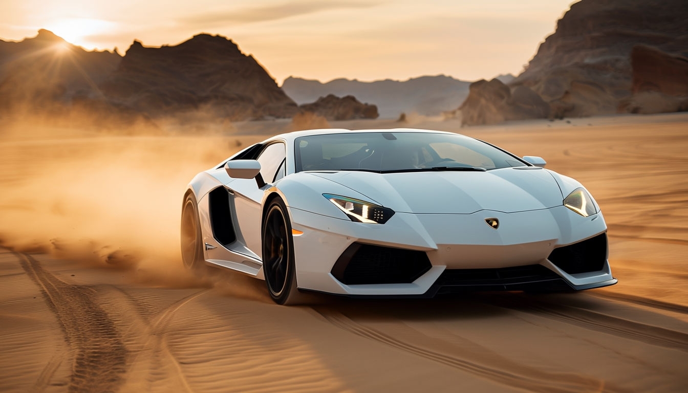 White Lamborghini Aventador Speeds Through Desert Sunset Background