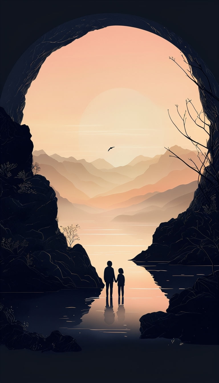 Serene Sunset Landscape with Silhouetted Figures Mobile Wallpaper