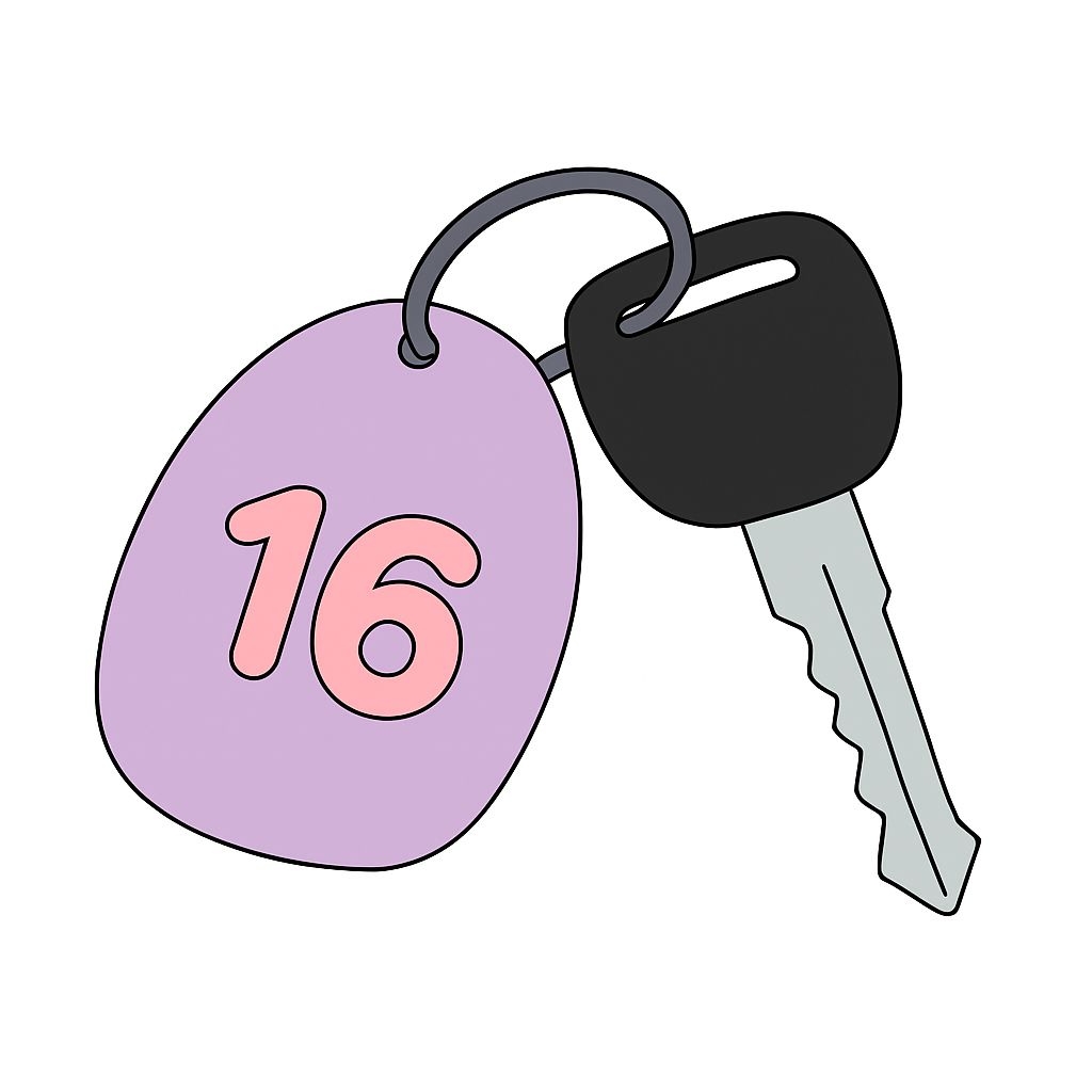 Cartoon Car Key with Purple Keychain and Number 16 Sticker
