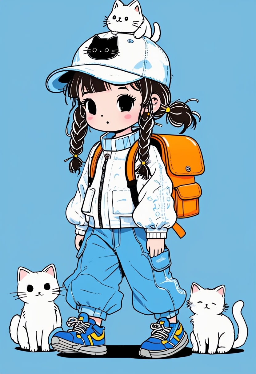 Cute Young Girl with Cats Cartoon Illustration Art