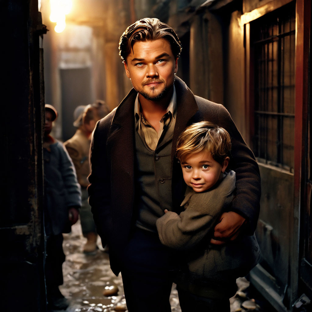 Write a scene where Leonardo DiCaprio adopts a child from an... by ...