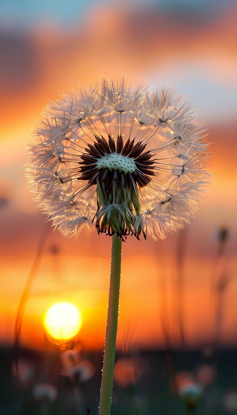 Serene Dandelion Seed Head Against Breathtaking Sunset Art