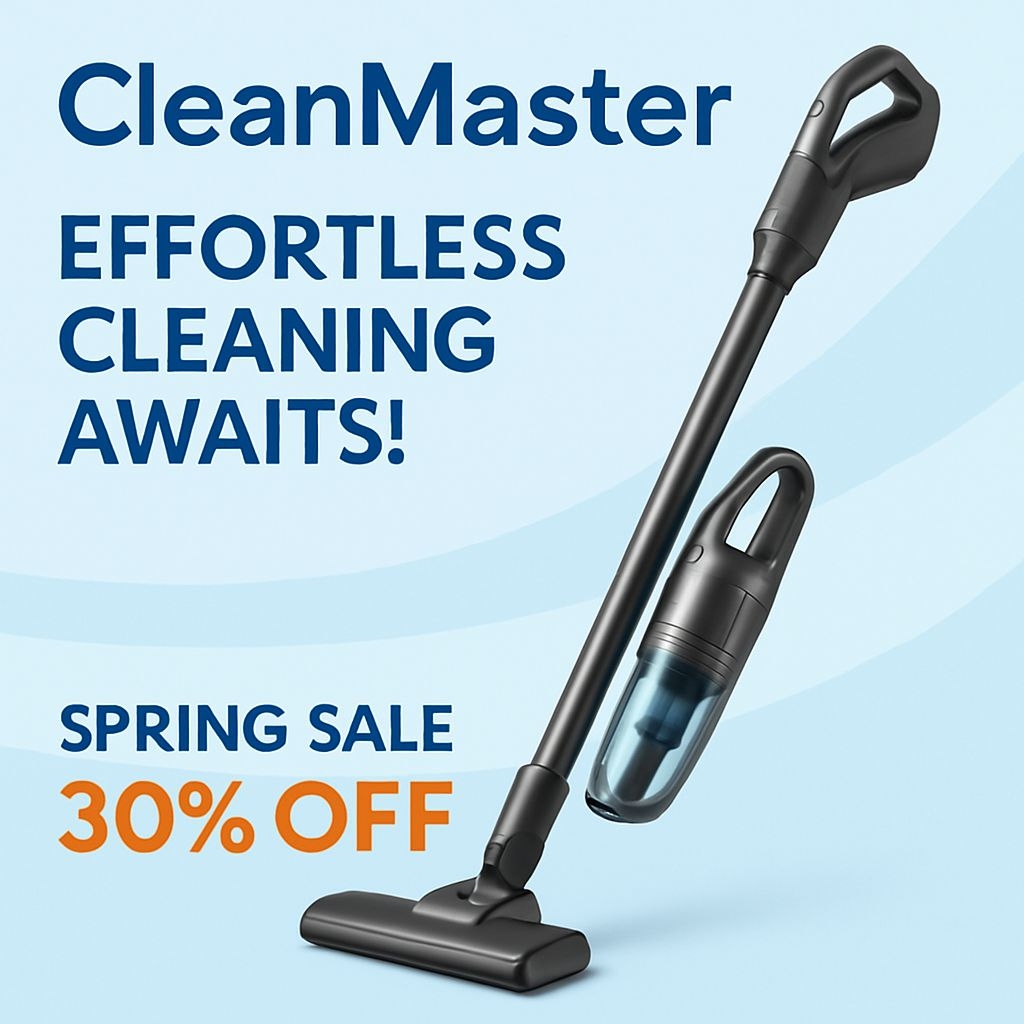 Sleek CleanMaster Vacuum Cleaner with Bold Spring Sale Text Ads
