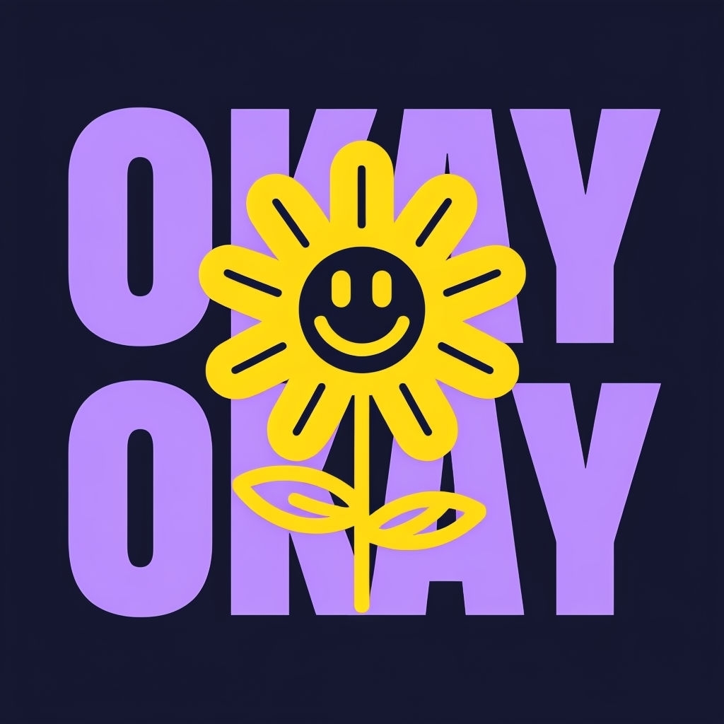 Cheerful Yellow Flower with Smiling Face and 'OKAY' Text Social Media Post