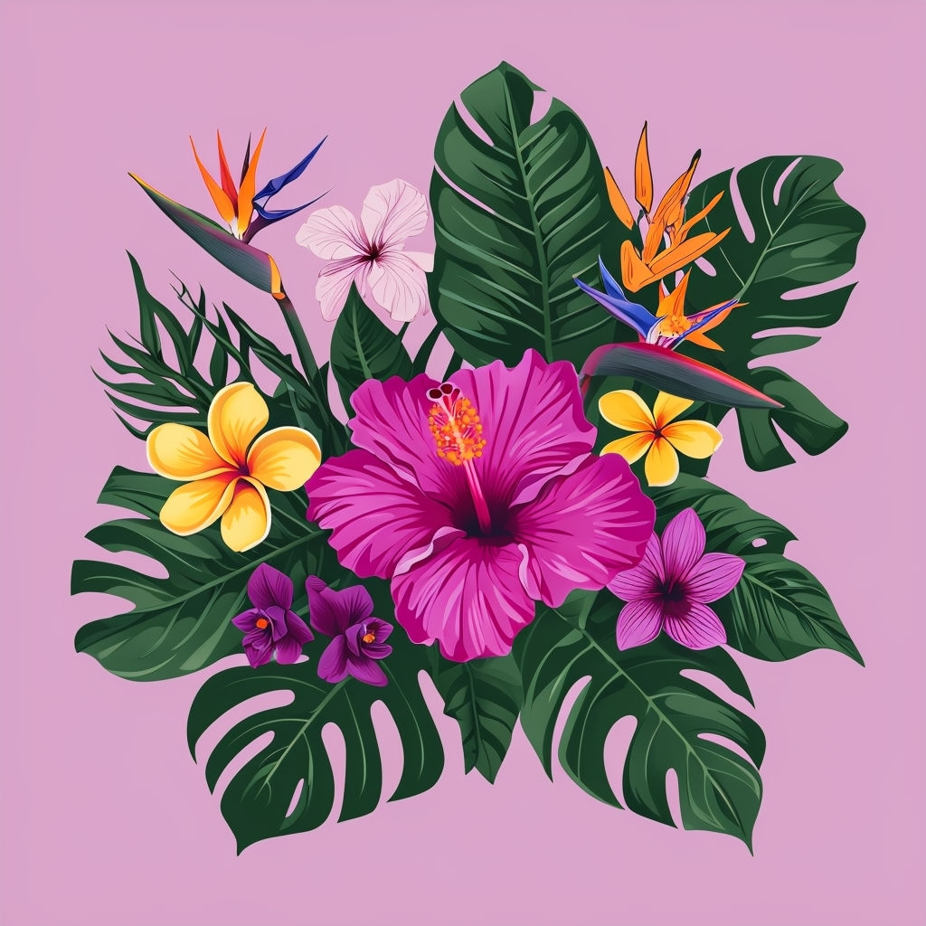 Vibrant Tropical Flower and Leaf Seamless Pattern Illustration