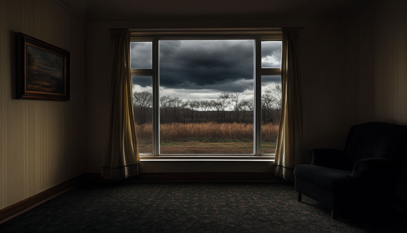 Somber Interior Room with Window View of Stormy Landscape Virtual Backgrounds