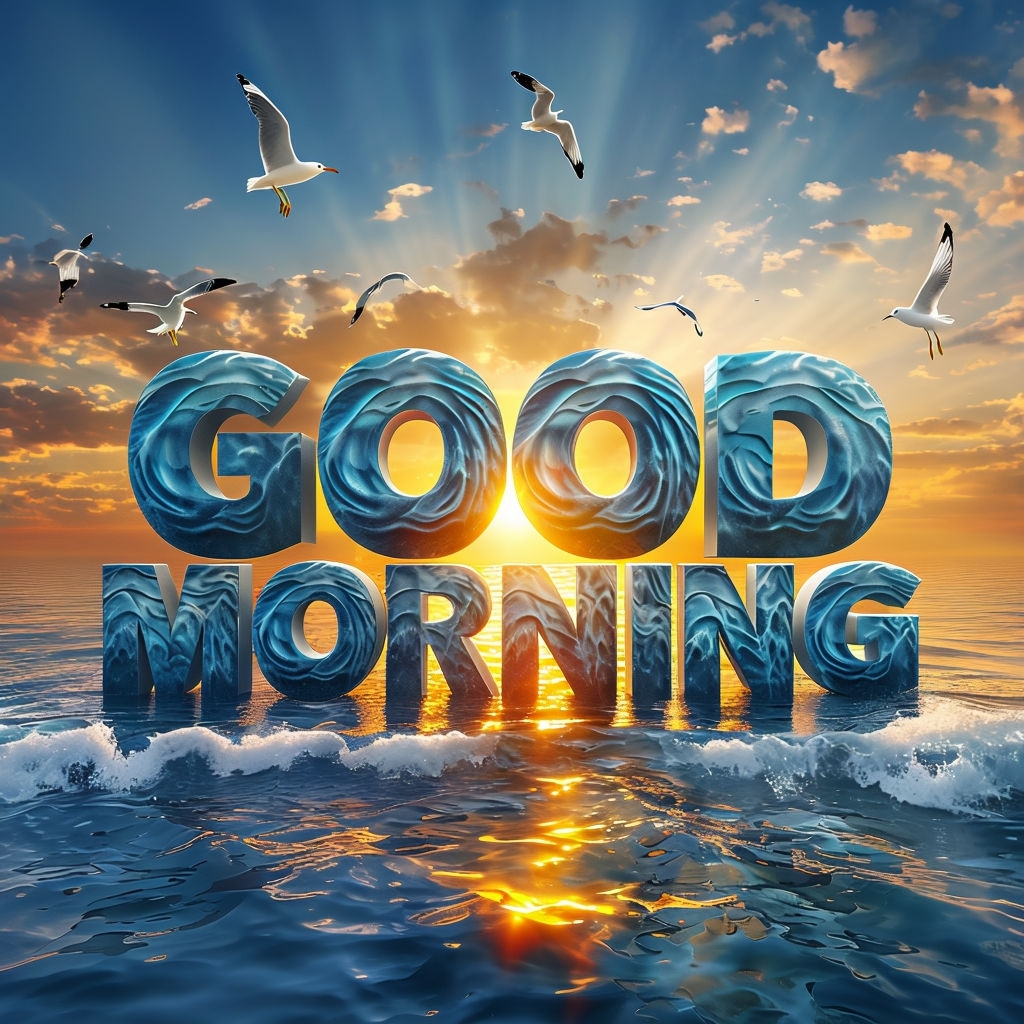 3D Ocean Wave "Good Morning" Text with Sunrise Scene Art Social Media Post