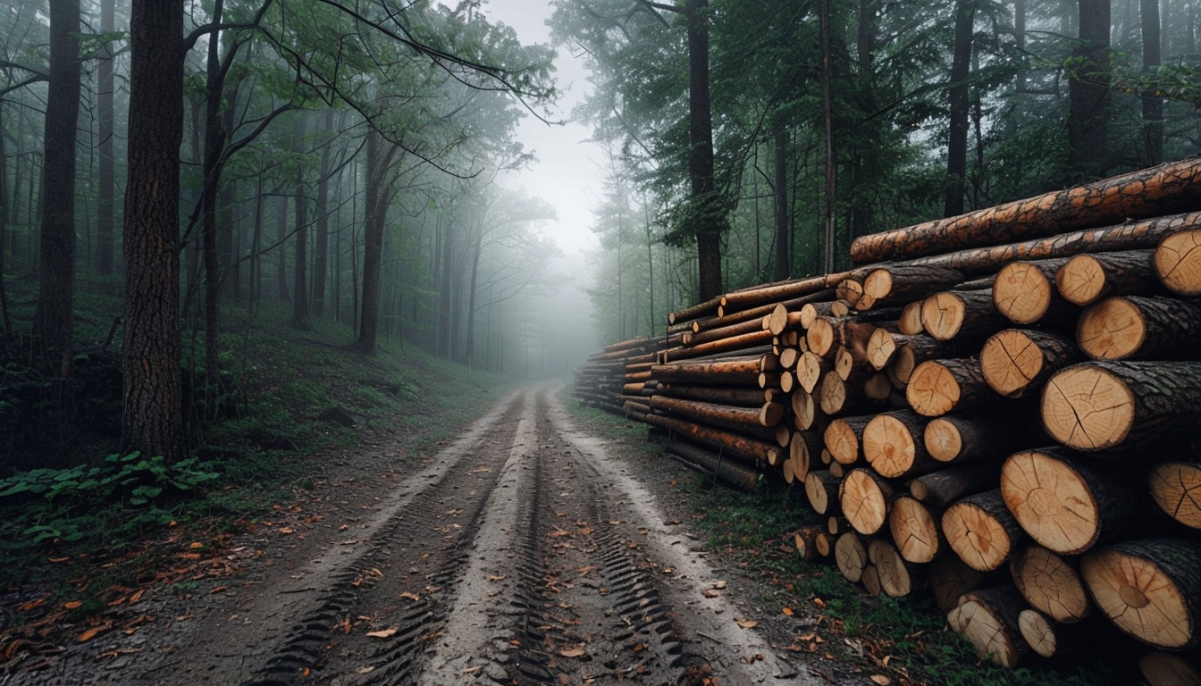 Misty Forest Path with Logs High-Resolution Wallpaper for Nature Lovers Virtual Backgrounds