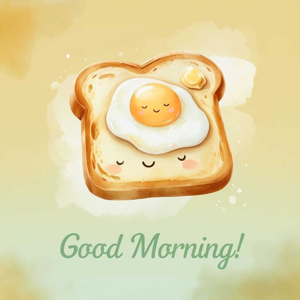 Playful Good Morning Card with Cheerful Toast and Egg Characters Social Media Post