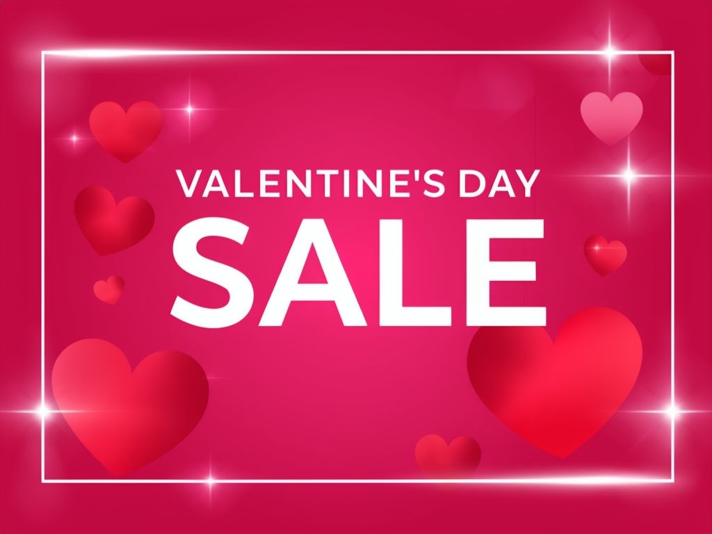 Vibrant Valentine's Day Sale Banner with Glossy Heart Design Social Media Post