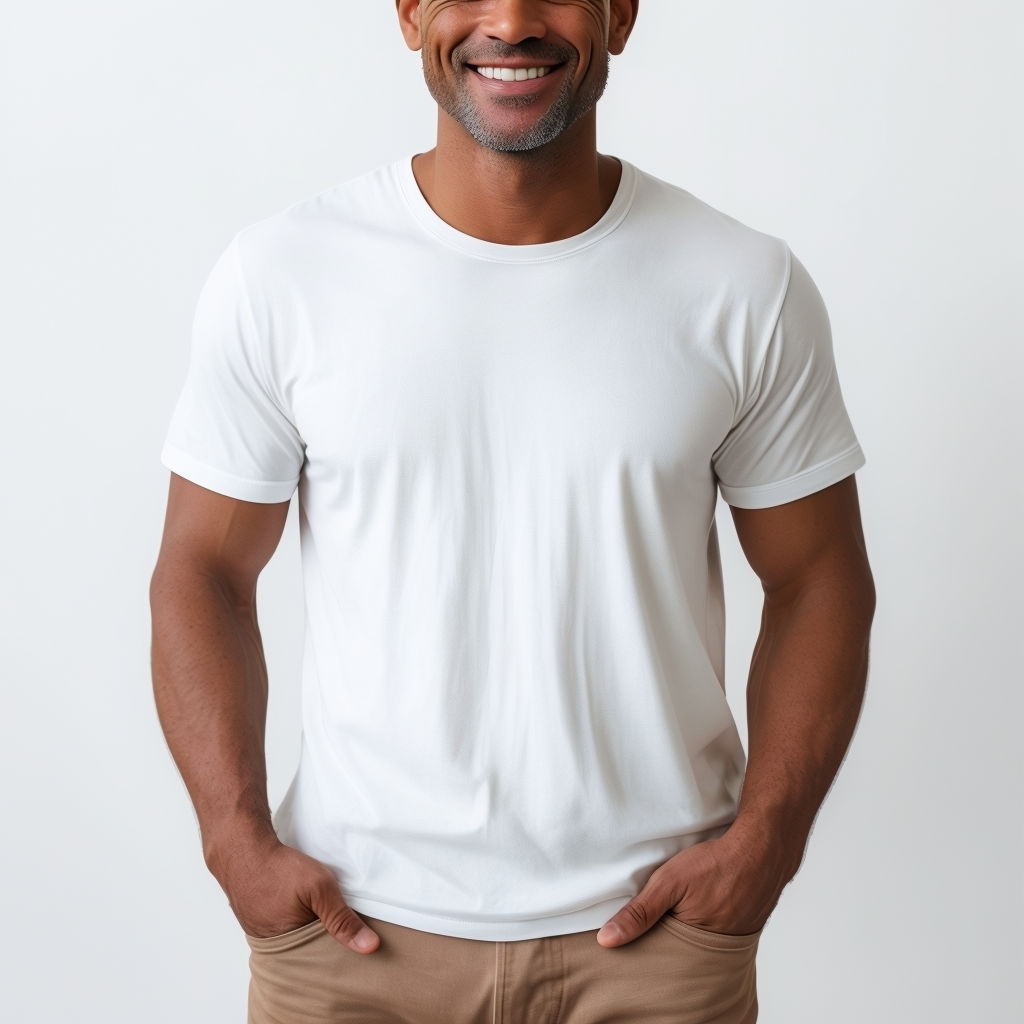 Casual Man in White T-shirt Smiling Against White Background Mockup