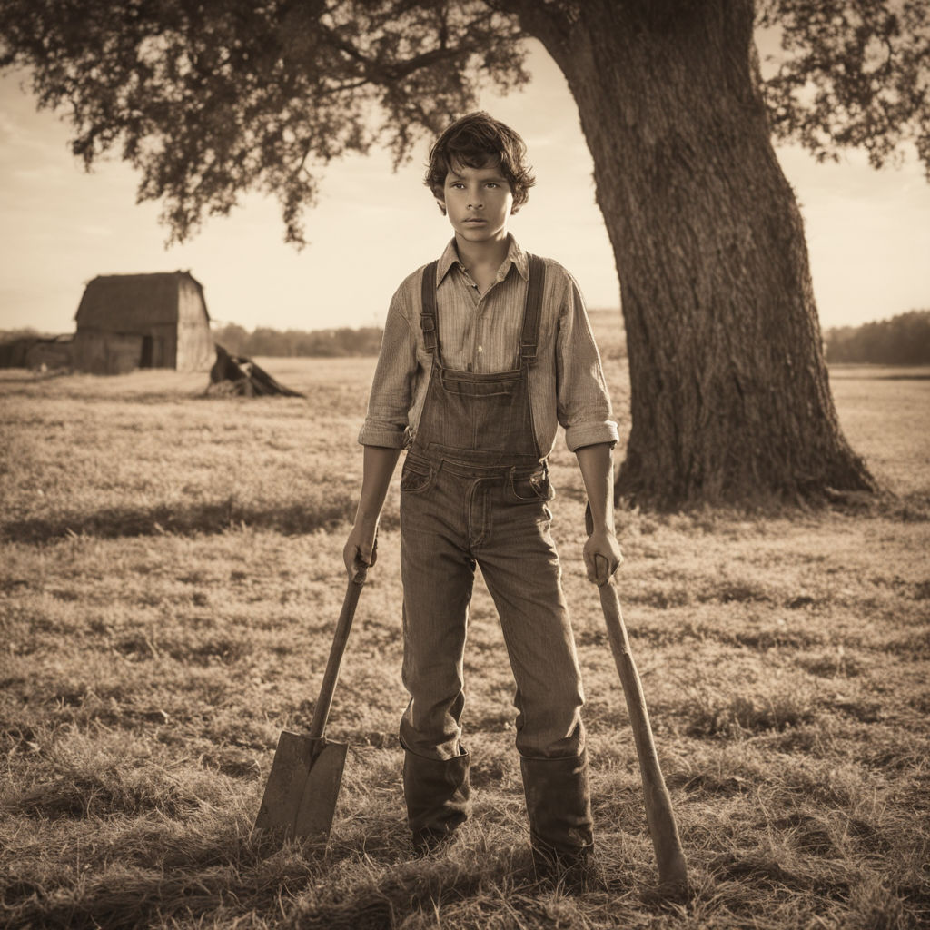 Farmer boy with black hair standing in a vast farm field by Cafe ...