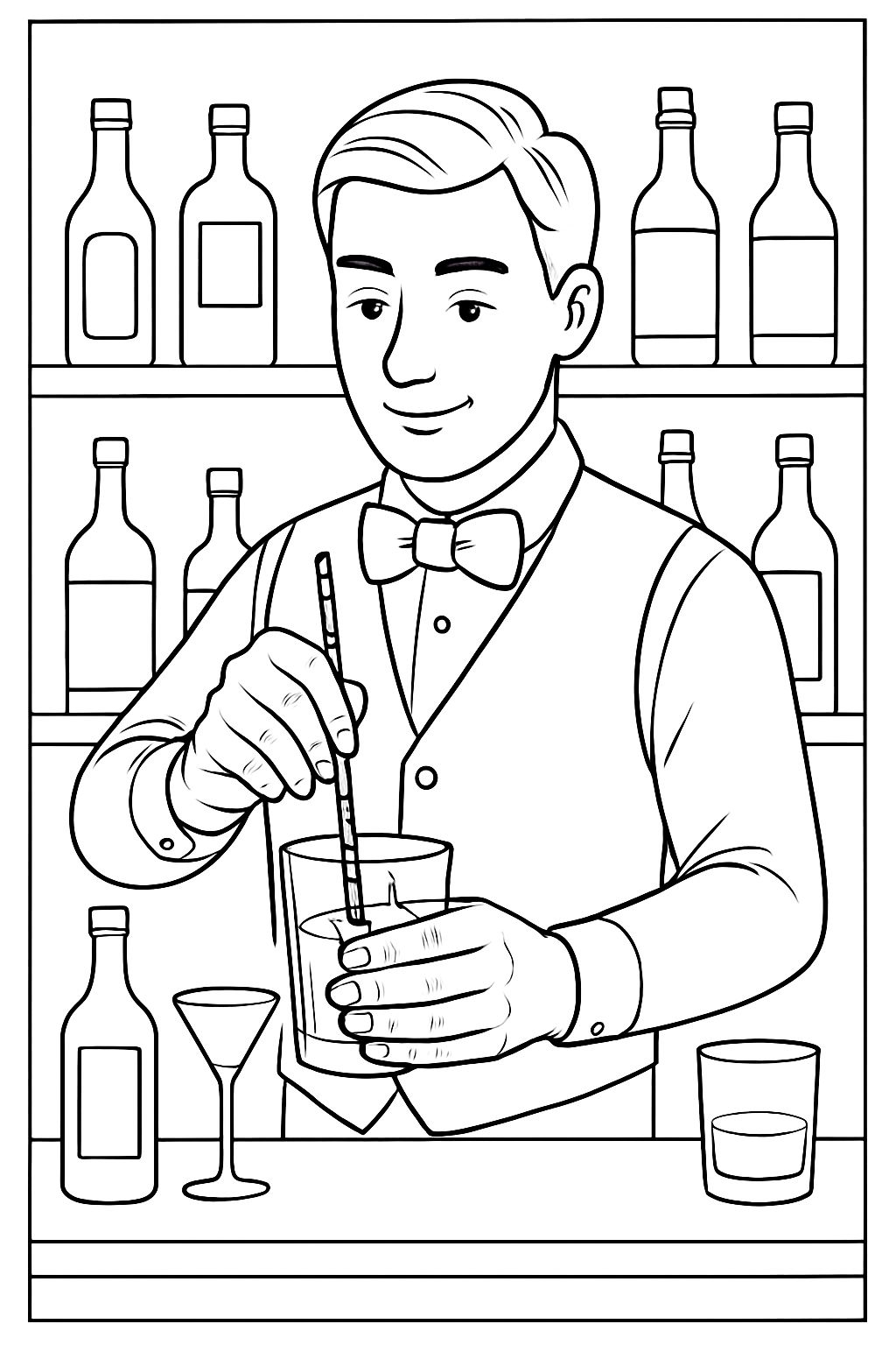 Professional Bartender Preparing Drinks Line Art Coloring Page