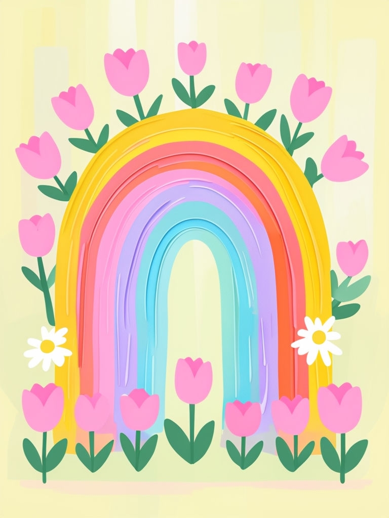 Whimsical Abstract Rainbow with Cartoon Flowers Mobile Wallpaper