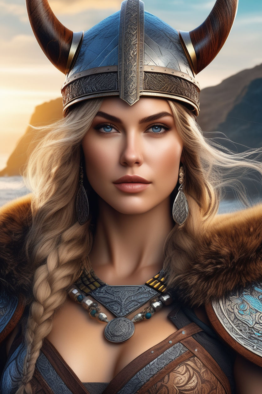 conveying both the fierceness and beauty associated with Viking women.  Ensure that the overall composition exudes authenticity and blends  historical accuracy with an artistic touch.