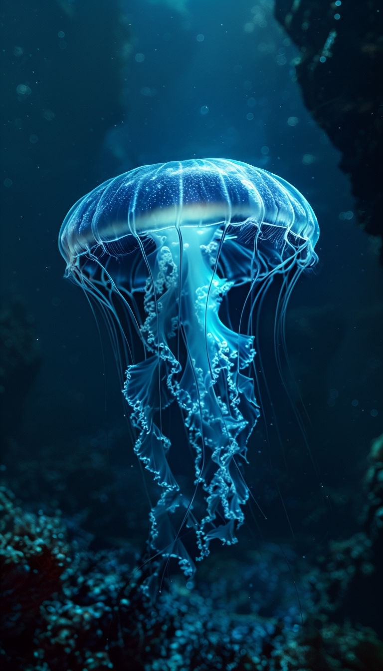 Bioluminescent Jellyfish Floating in Deep Sea Darkness Wallpaper