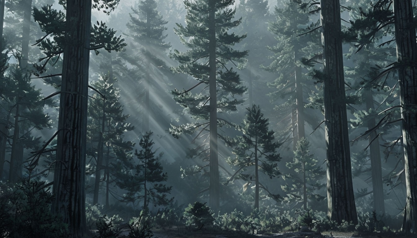Serene 3D Forest Landscape with Mystical Light Effects Background
