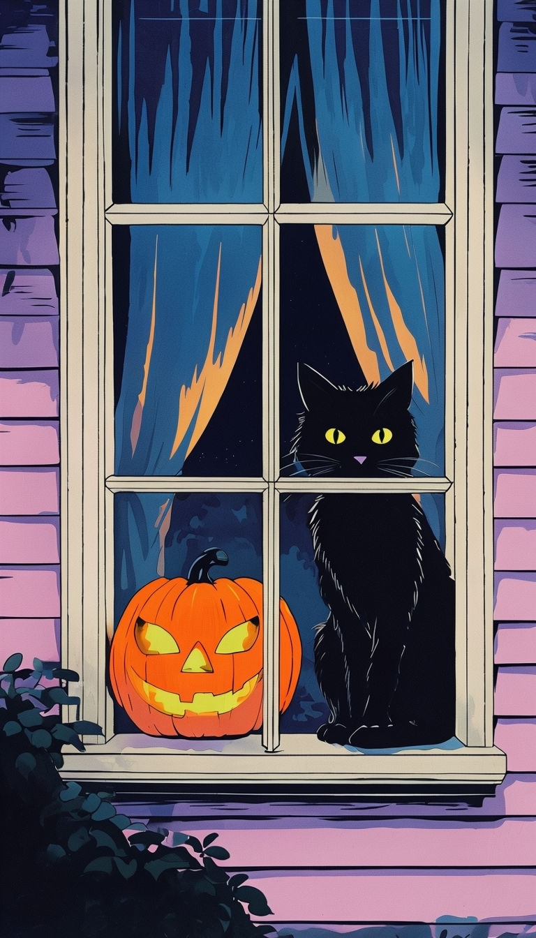 Spooky Halloween Window Scene with Black Cat and Pumpkin Mobile Wallpaper