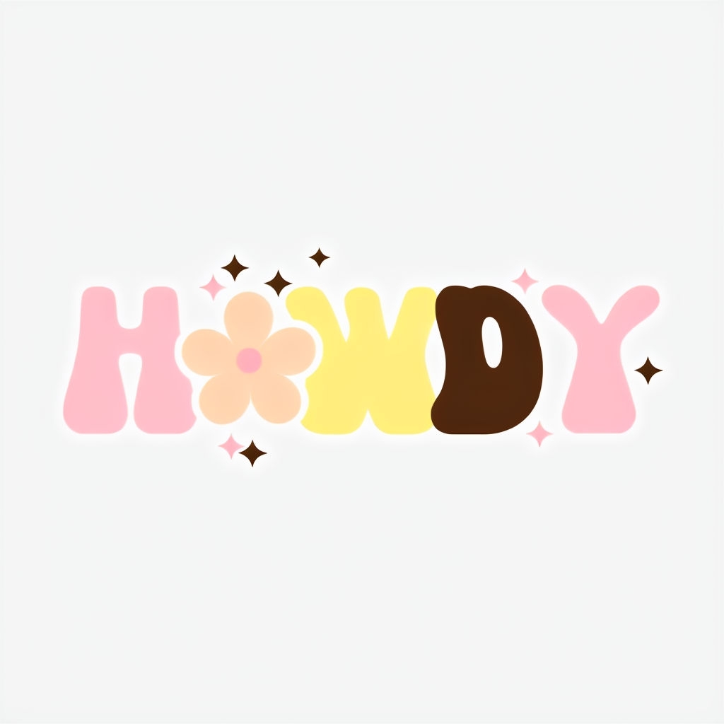 Playful Pastel 'Howdy' Cartoon Text with Decorative Stars Sticker