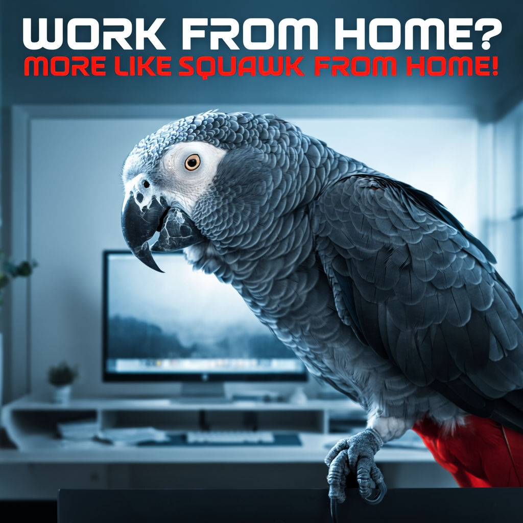 Sassy African Grey Parrot "Squawk From Home" Meme Art