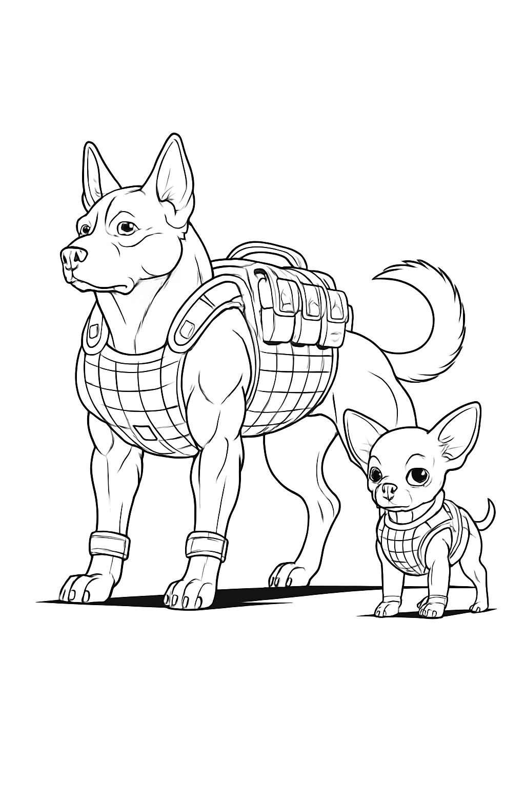 Muscular Chihuahuas with Tactical Gear Black and White Line Art Coloring Book Pages