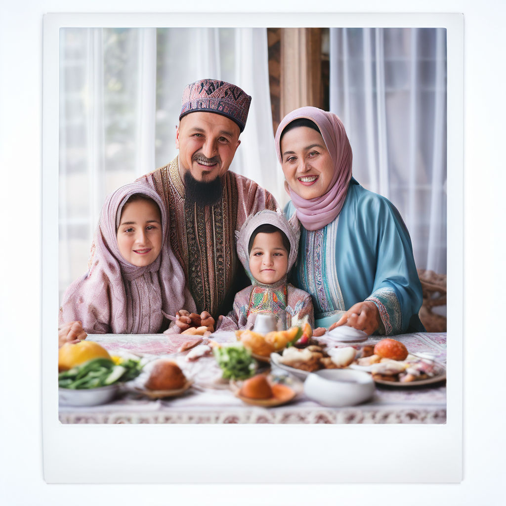 An Uzbek family in traditional clothes sits at the table and... by ...