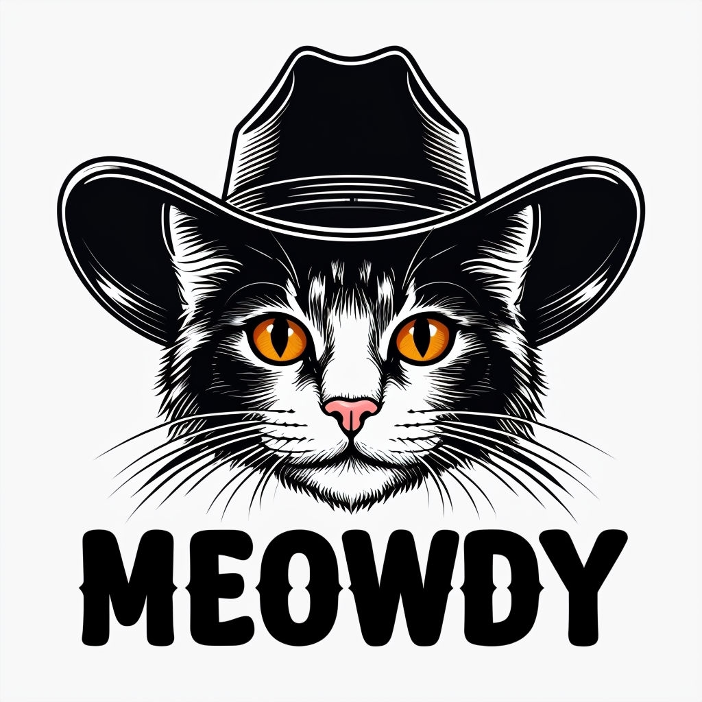 Playful Cat Face with Cowboy Hat and MEOWDY Text Sticker