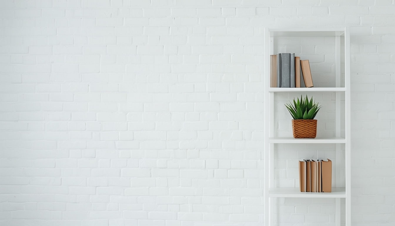 Minimalist White Brick Shelf with Books and Plant Art