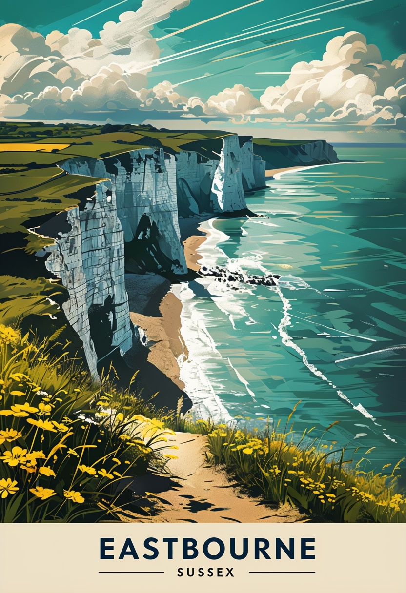 Vintage Travel Poster of Eastbourne Coastline in Sussex