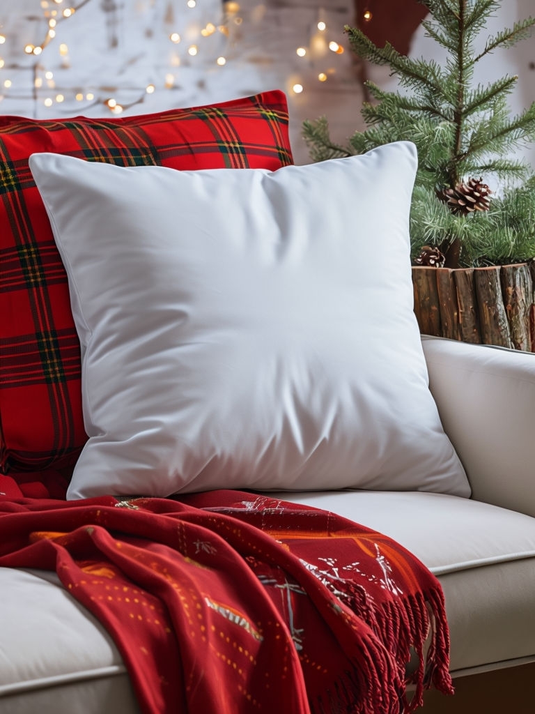 Festive Holiday Cushion and Evergreen Tree Living Room Mockup