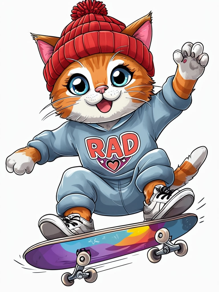 Playful Orange Tabby Cat Skateboarding Illustration Sticker