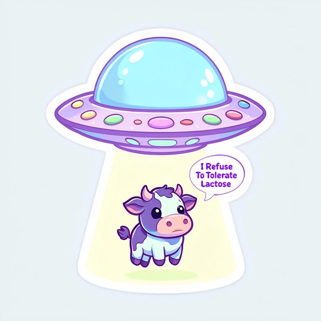 Whimsical Cartoon UFO and Cow Sticker with Funny Phrase