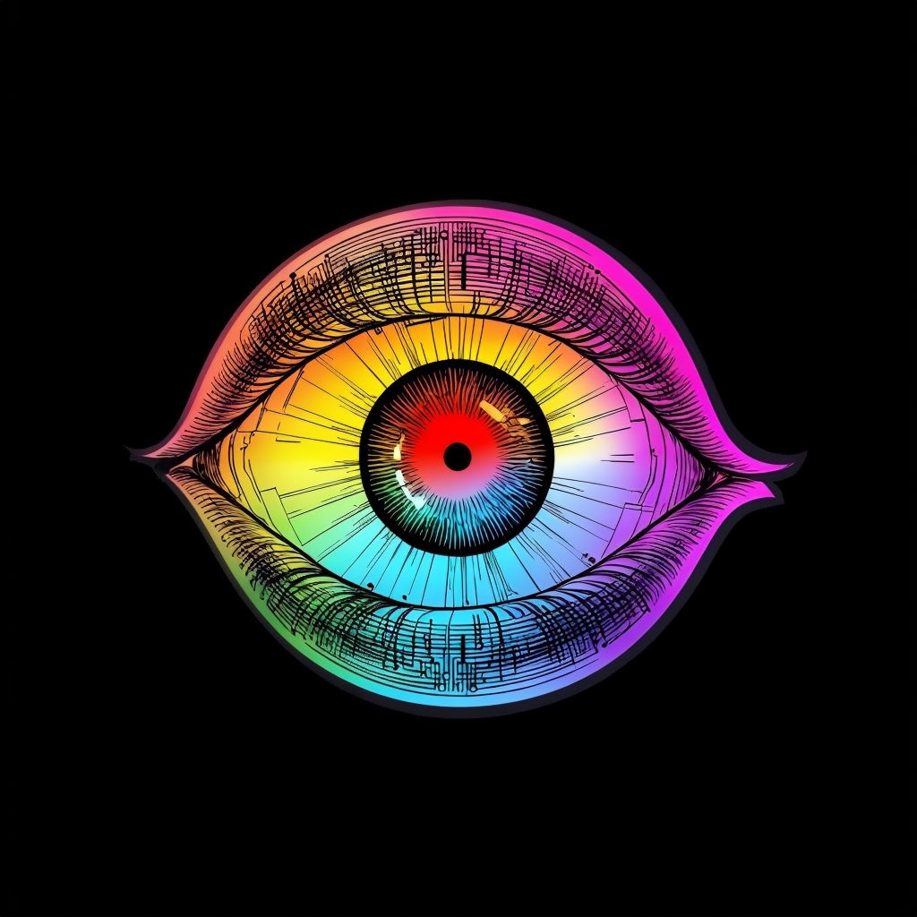 Stylized Rainbow Eye Illustration Against Black Background T-Shirt