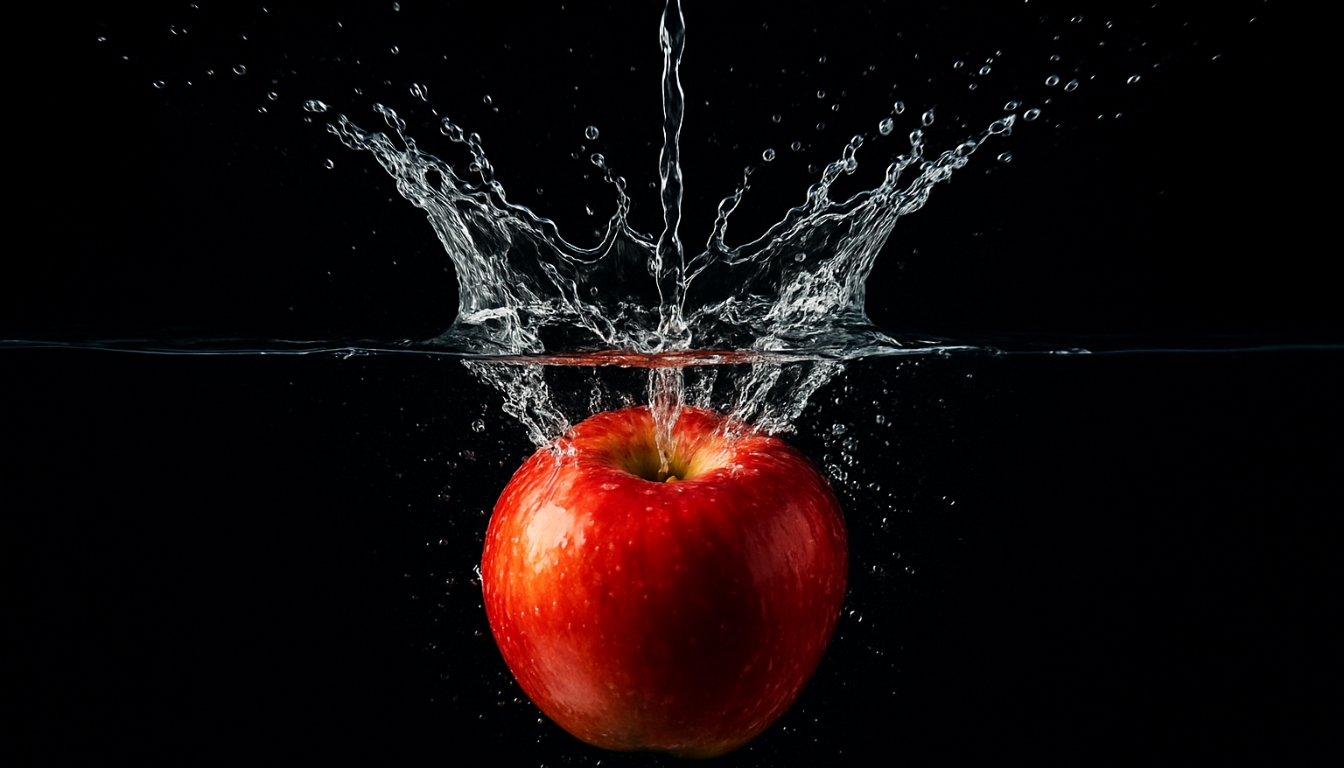 Vibrant Red Apple Splashing into Water Photograph Background