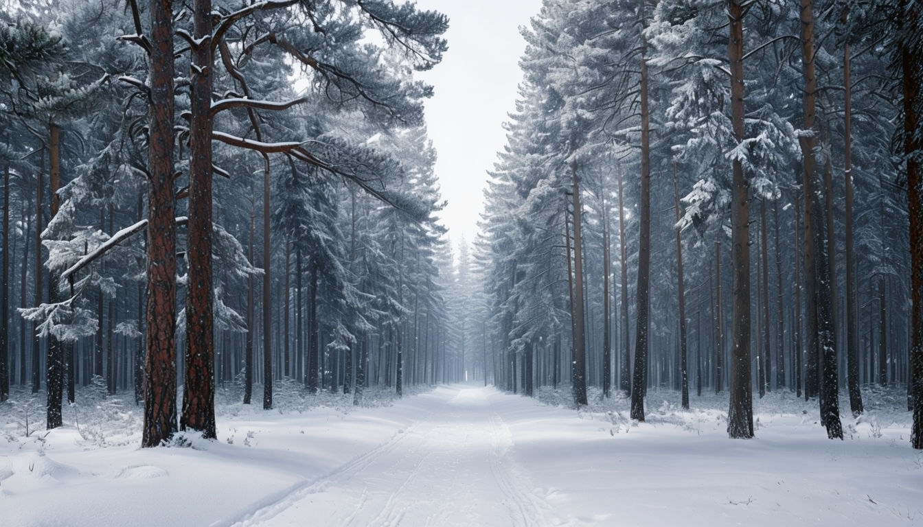 Serene Snowy Pine Forest Landscape Photo for Tranquil Atmosphere Virtual Backgrounds