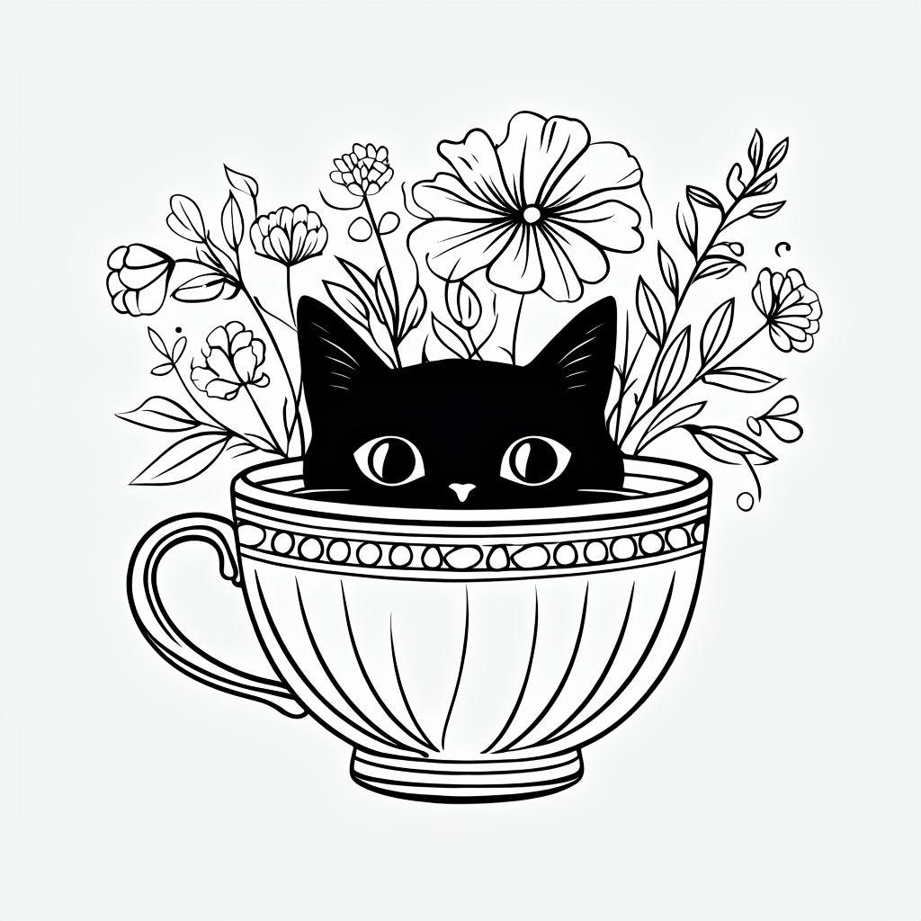 Whimsical Black Cat in Teacup Minimalist Line Drawing Mug
