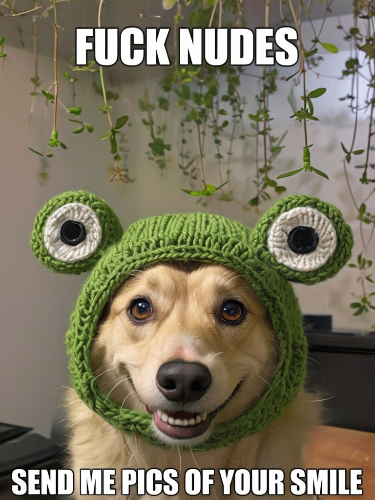 Funny Dog in Frog Hat with Quirky Text Memes