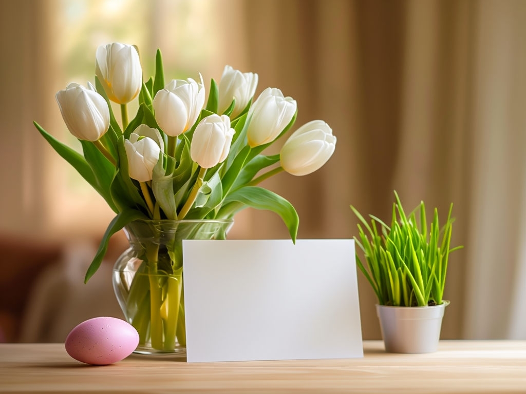Springtime Serenity Still Life with White Tulips and Easter Egg Mockup