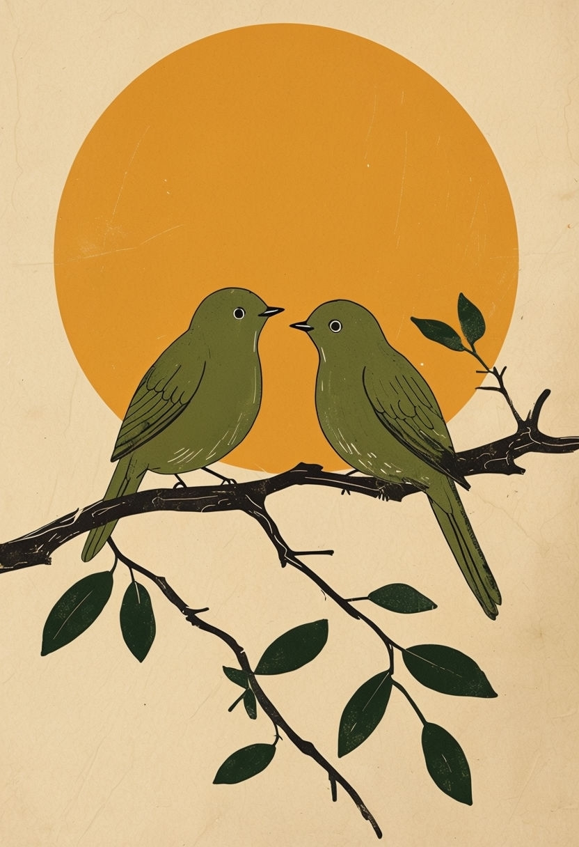 Minimalist Olive Green Birds on Branch Vintage Art Poster