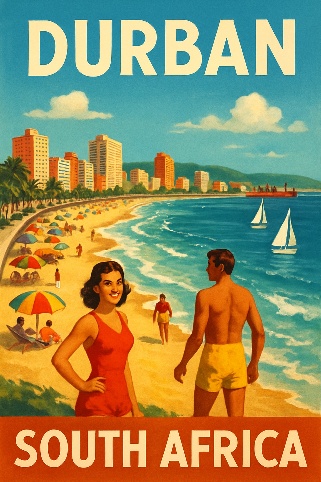 Vibrant Vintage Durban Beach Scene Travel Poster