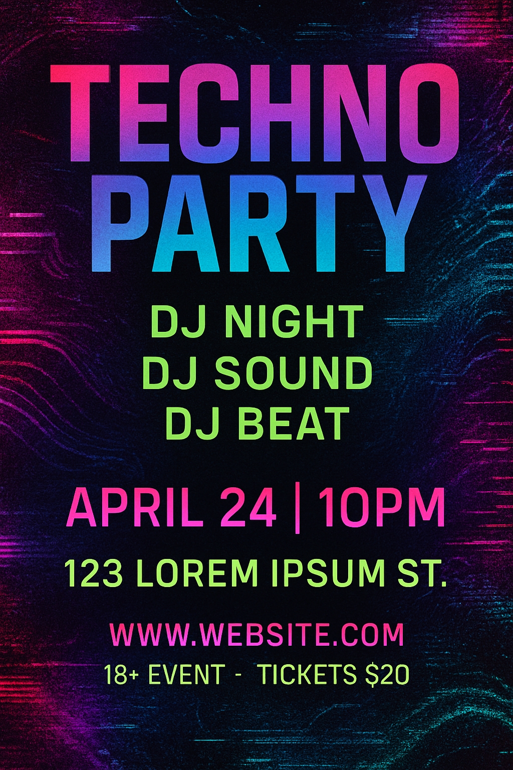 Vibrant Techno Party Event Poster with Neon Colors and DJ Lineup Flyer