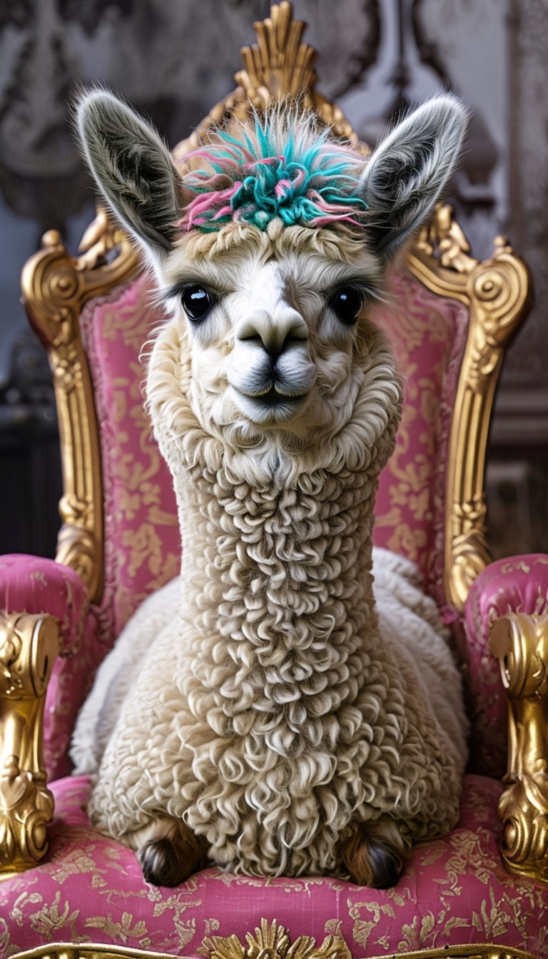 Whimsical Beige Alpaca on Golden Throne Portrait Art