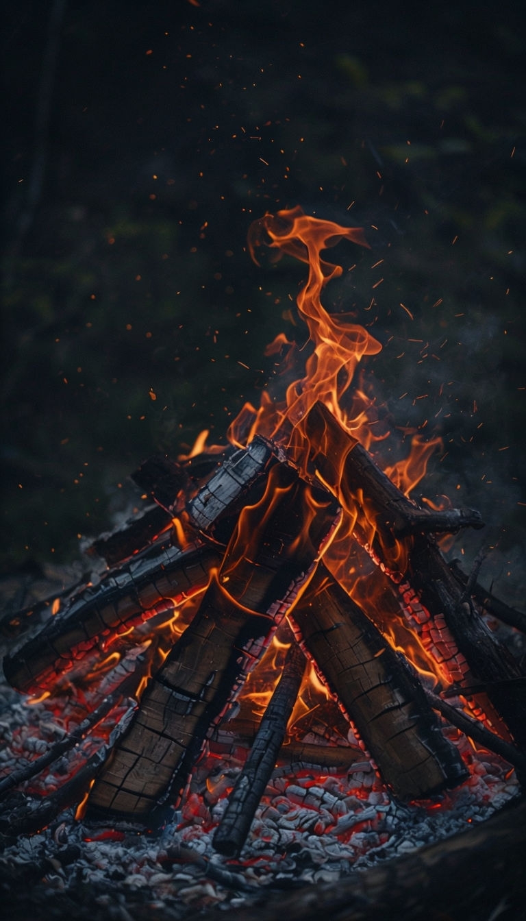 Intense Bonfire Close-Up Photograph with Fiery Flames Art