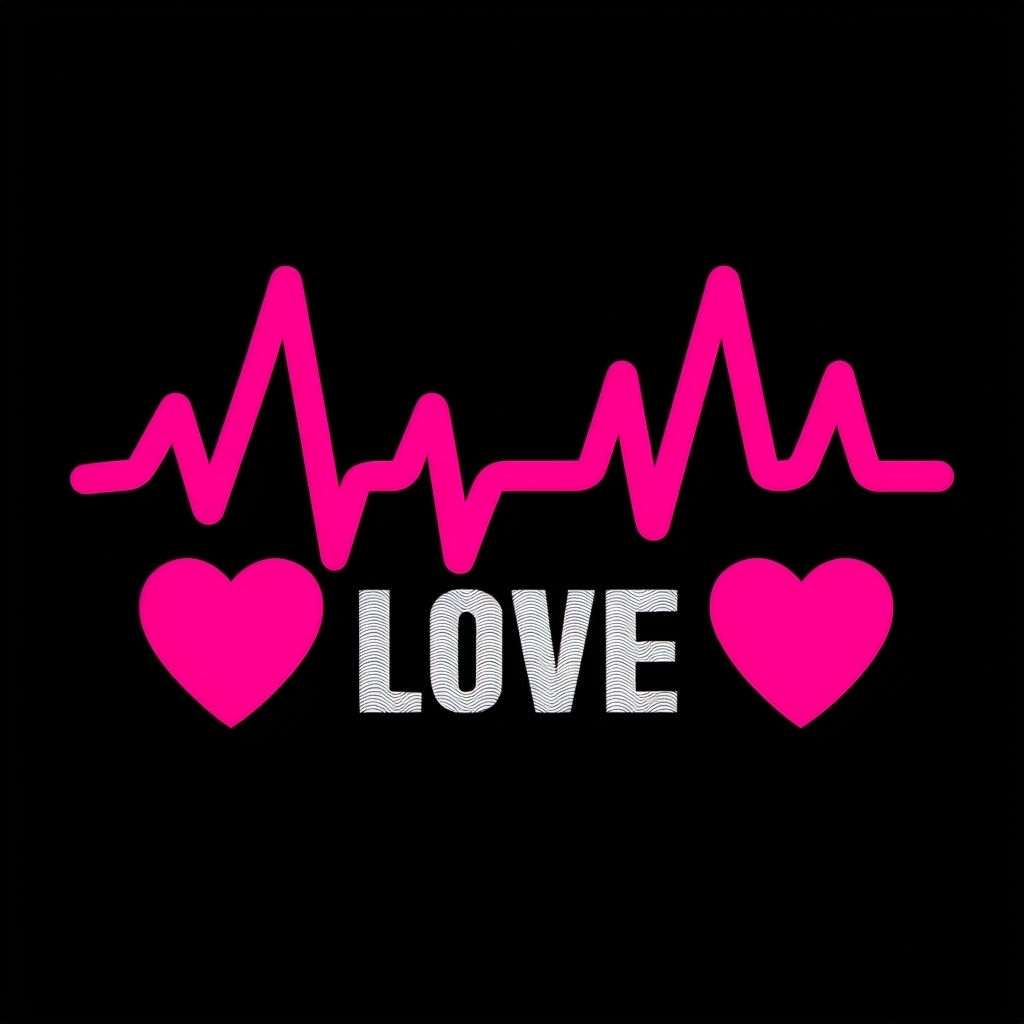Bold LOVE Text with Pink Hearts and ECG Waveforms T-Shirt