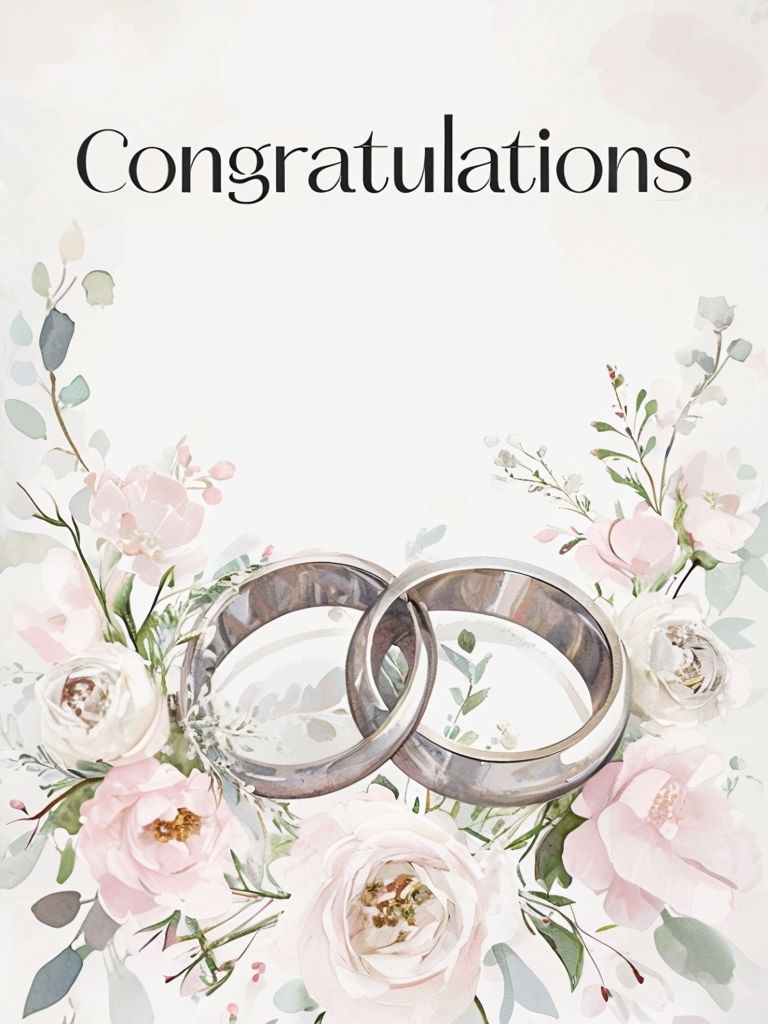 Elegant Wedding Rings and Floral Border Congratulations Card