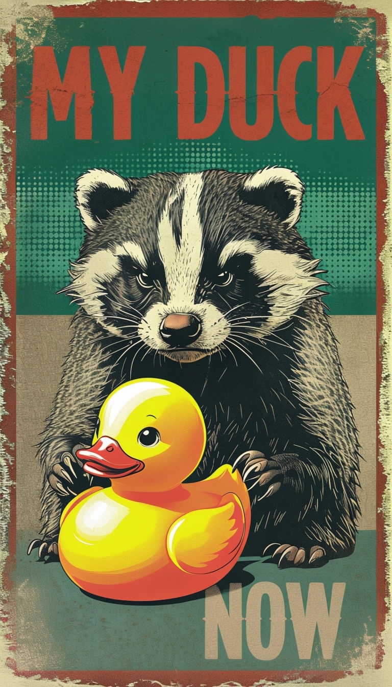 Grumpy Badger and Vibrant Duck Vintage Style Poster