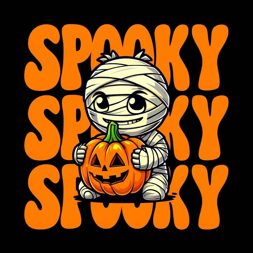 Spooky Cartoon Mummy Hugging Pumpkin Halloween T-Shirt