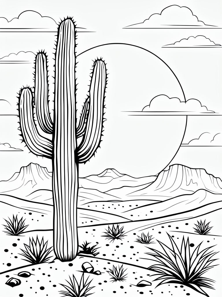 Serene Black and White Desert Landscape Coloring Page